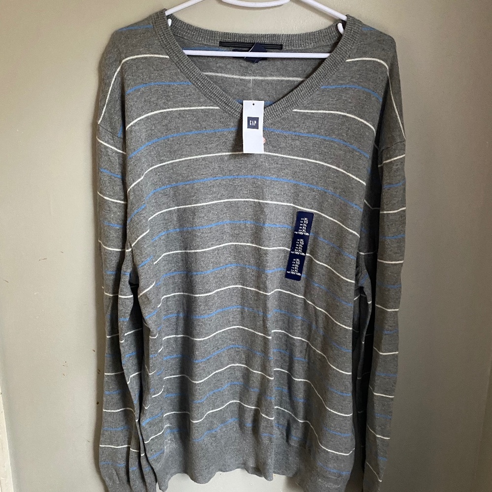 Grey with White and Blue Stripes Sweater Gap Facto